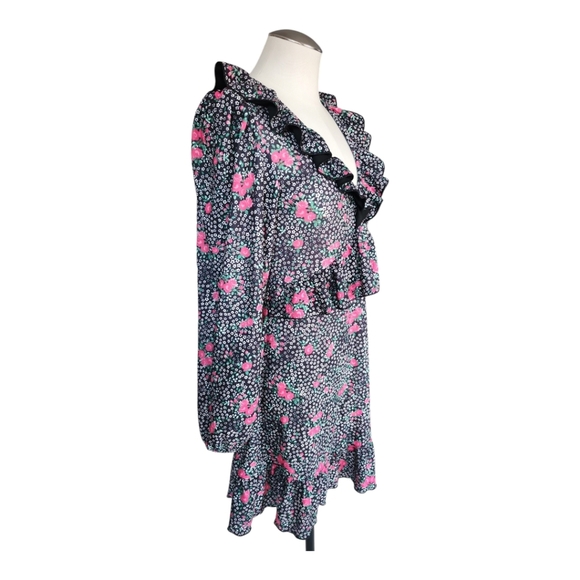 TopShop Black Pink Floral Mini Dress Ruffles Roses Romantic Boho 6 - Picture 6 of 9